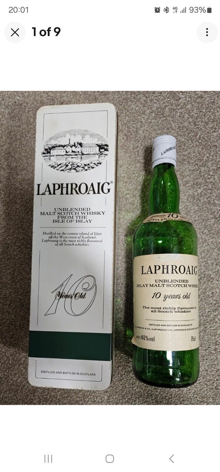 Laphroaig 10 year old (EMPTY) pre-Royal Warrant single malt whisky bottle + Box