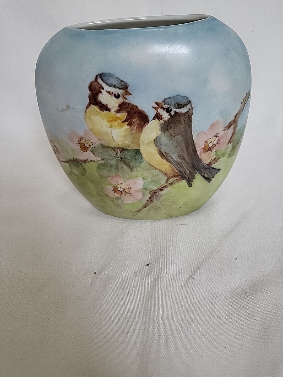Antique  2 Sided Hand Painted Bird Porcelain  Vase Signed