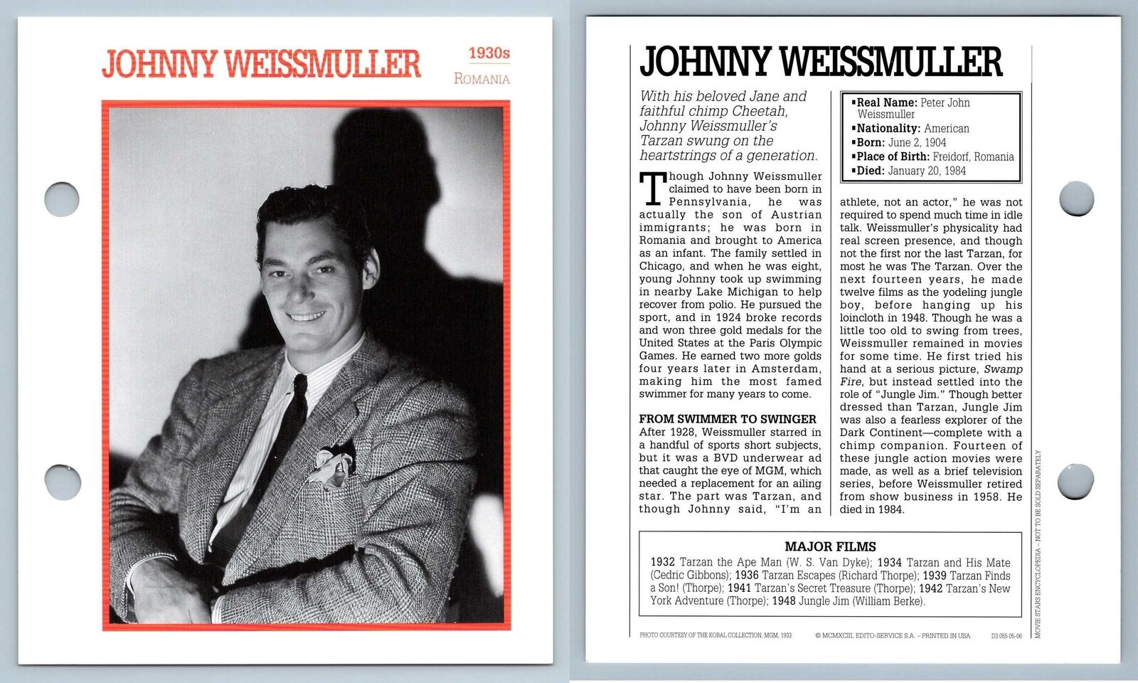 Johnny Weissmuller - 1930\'s Atlas Editions Movie Star Card