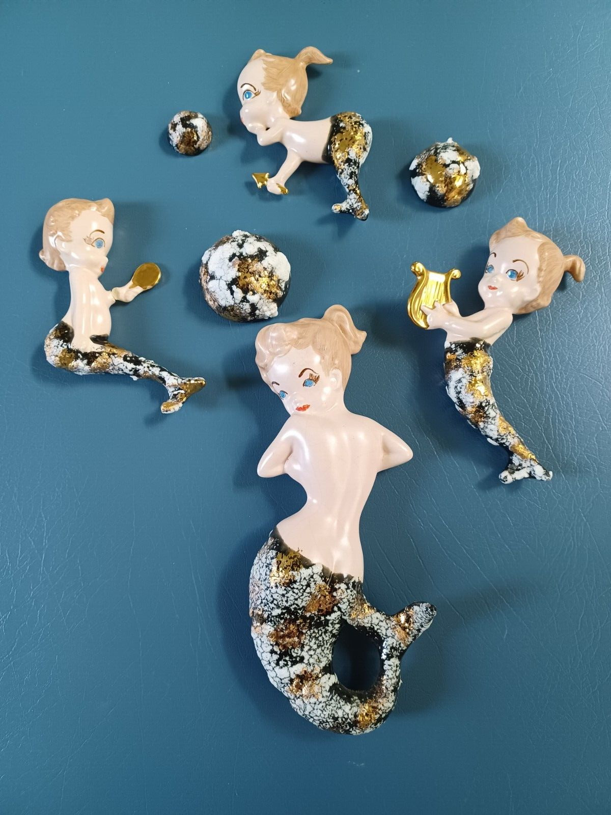 Vintage Ceramic  7 pc. Mermaid Mom with Babies and Bubbles Wall Plaque Set
