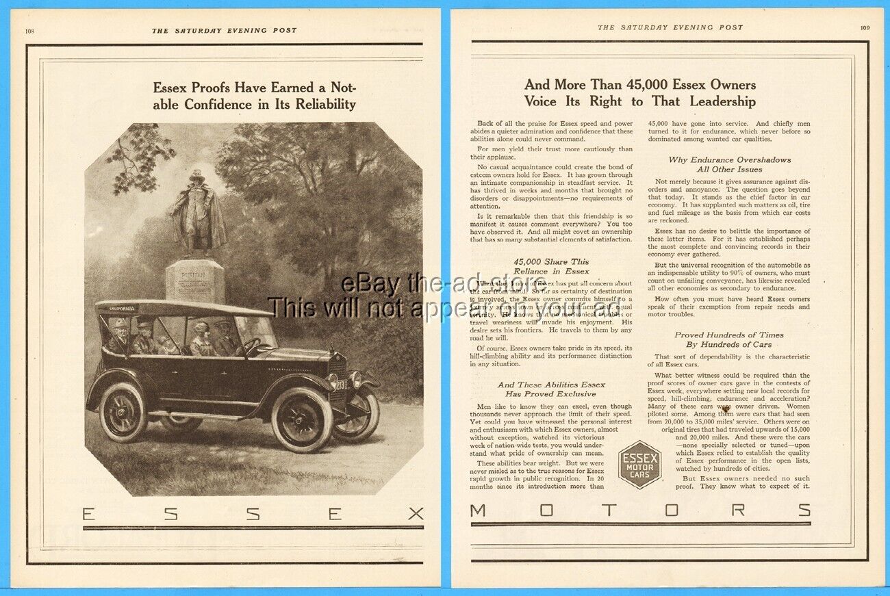 1920 Essex Motors Detroit MI Open Car Antique Automobile Puritan Statue print ad