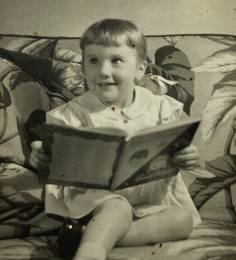 Little Girl Sitting On Sofa Reading Book B&W Photograph 3.5 x 3.75