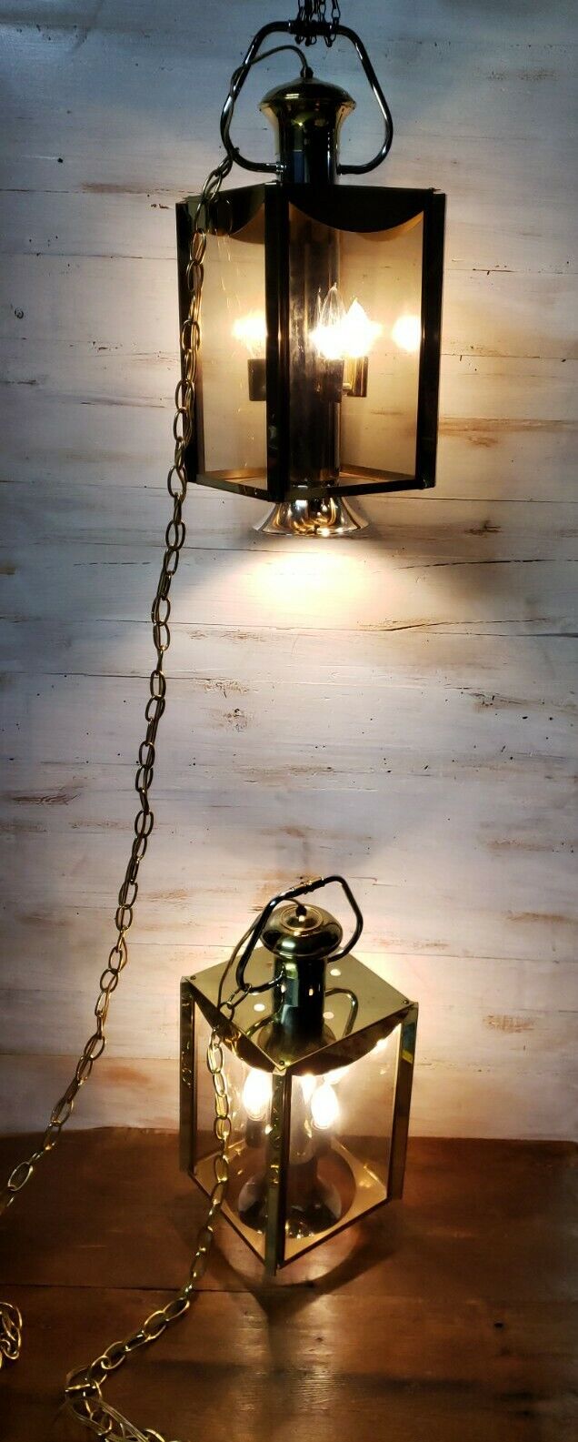 Pair MCM Hanging Lamps Fredrick Ramond 5 Light Chome Brass Smoke Glass Pendant