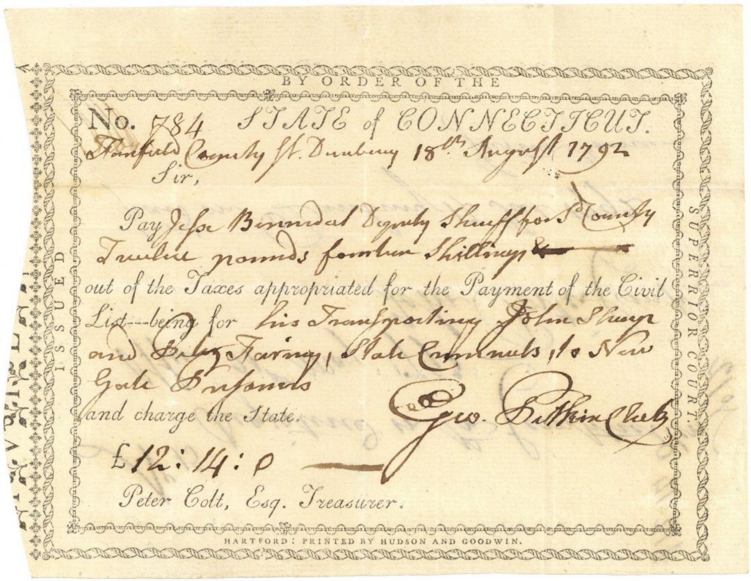 1790's dated Pay Order Signed by George Pitkin - Uncanceled Very Rare - Connecti