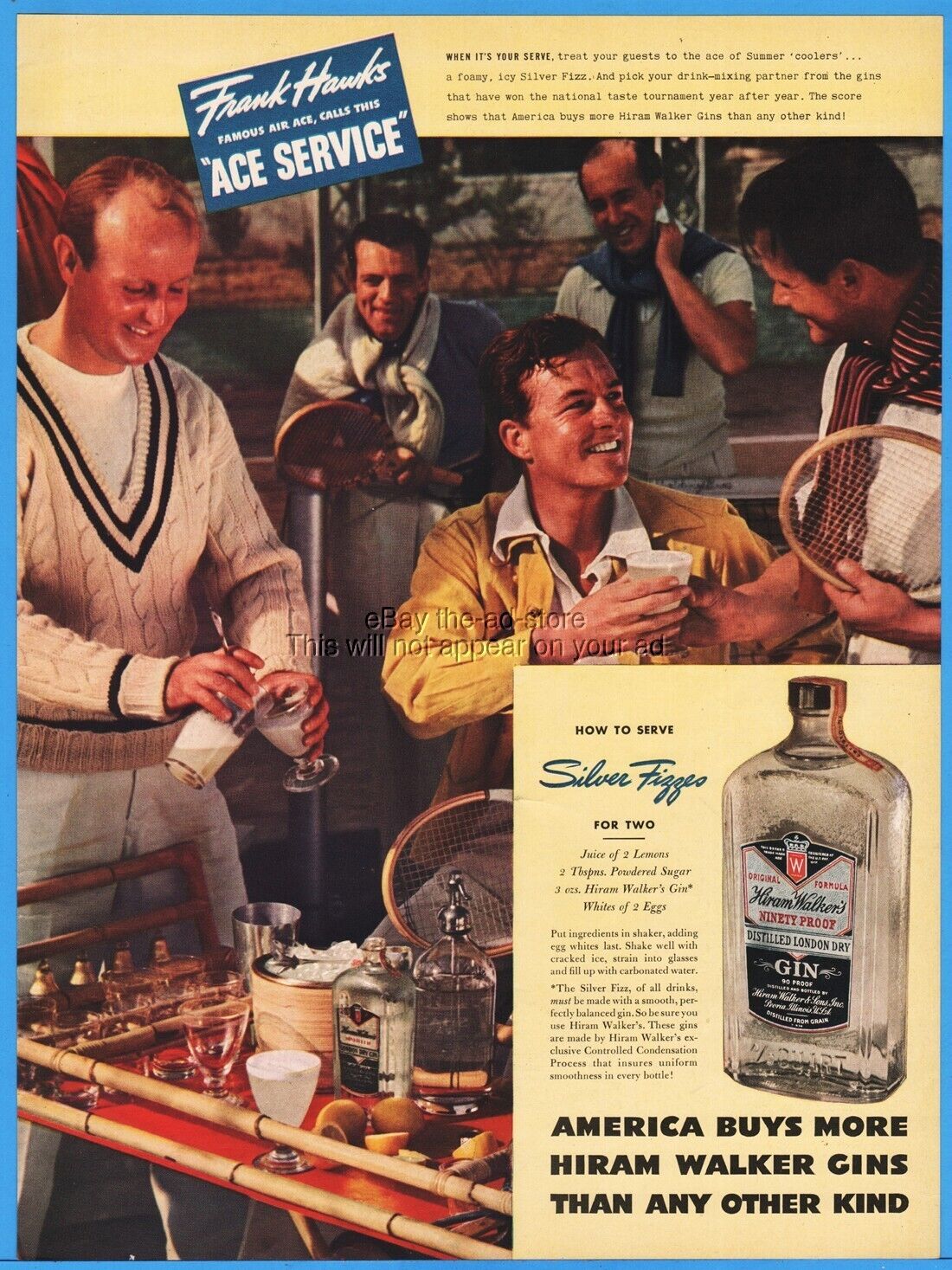 1938 Hiram Walker London Dry Gin Ad Silver Fizz Cocktail Frank Hawks Tennis Pro