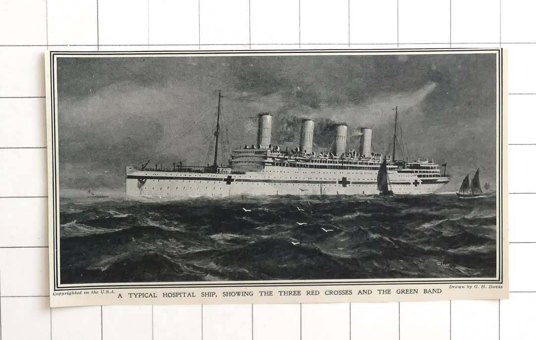 1917 A Typical Hospital Ship, Showing Three Red Crosses And The Green Band