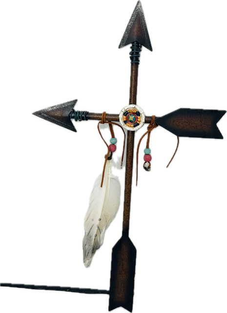 Metal Arrow Cross Tribal Native Wall Sign Hang Feathers 18” x 11”