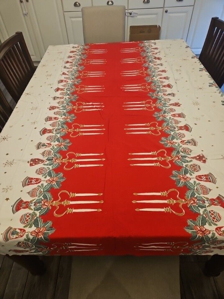 Vintage 1950’s Christmas Tablecloth Printed Cotton 57\