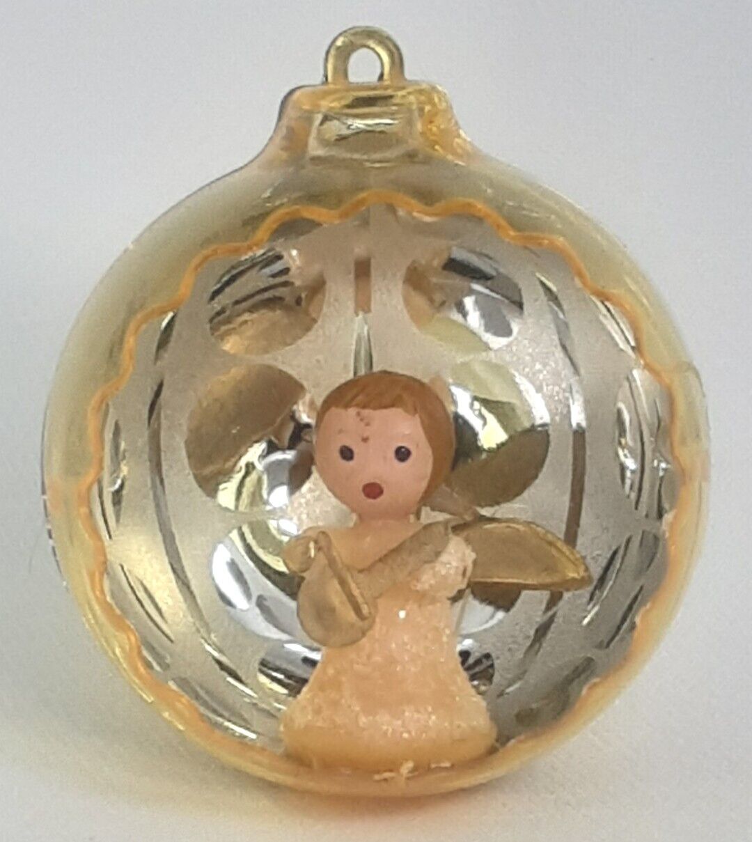 Christmas Ornament Angel Diorama Gold Plastic Mid Century Modern Holiday Decor