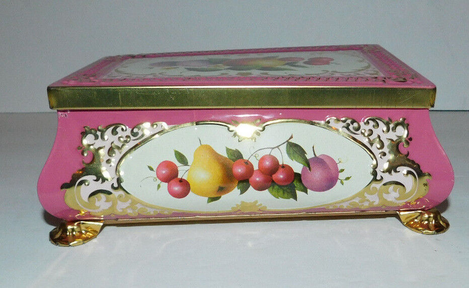 NEAT FANCY FOOTED CANDY TIN WITH FRUIT IMAGES FRICKE & NACKE WESTERN GERMANY