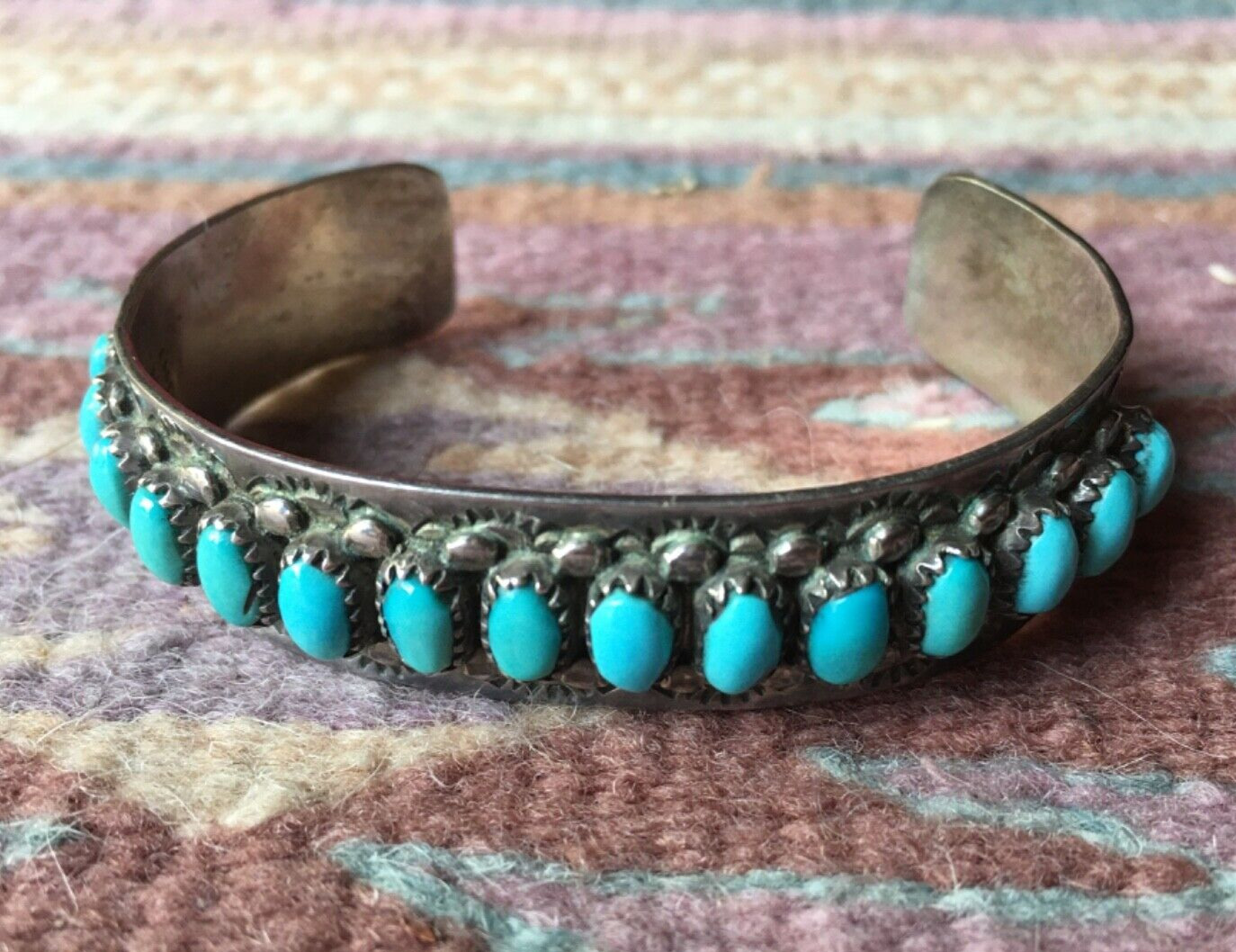 Zuni Sterling Silver Bracelet 15 Oval Turquoise Stones by Fred Weekoty-FW- 1960s