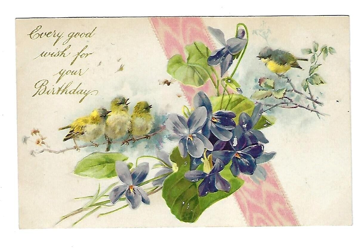 c1907 Birthday Greetings Postcard Purple Flowers, Birds Embossed
