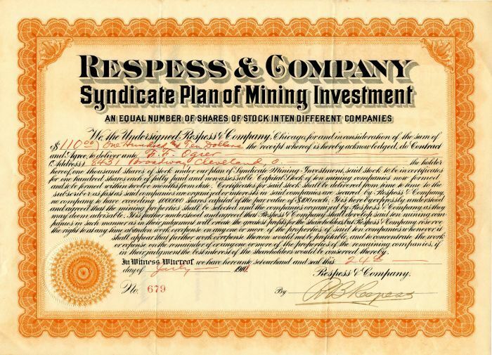 Respess and Co. Syndicate Plan of Mining Investment - Stock Certificate - Mining