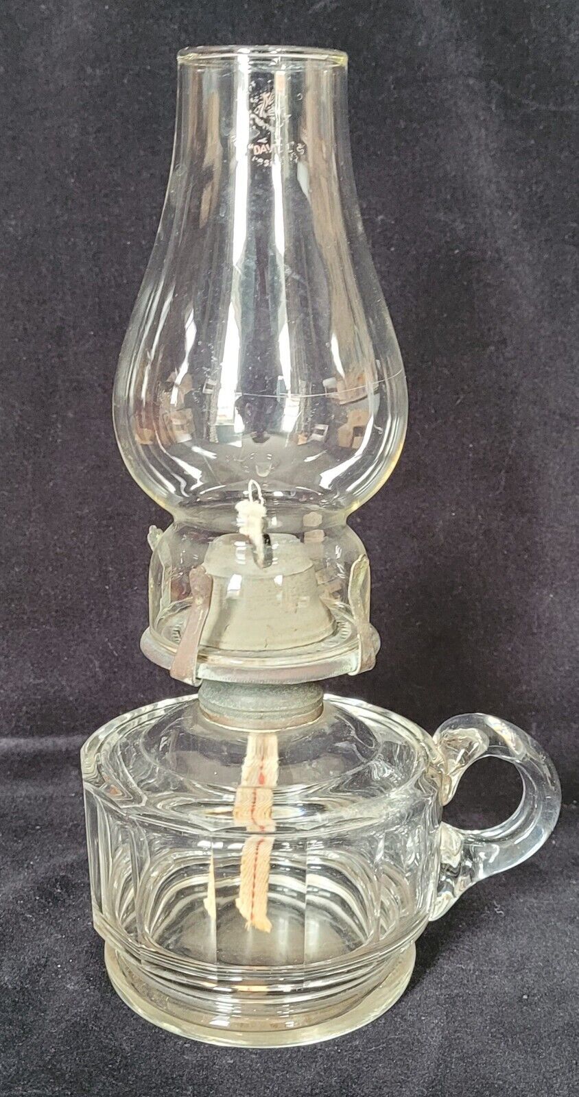 Vintage clear glass finger oil lamp with chimney
