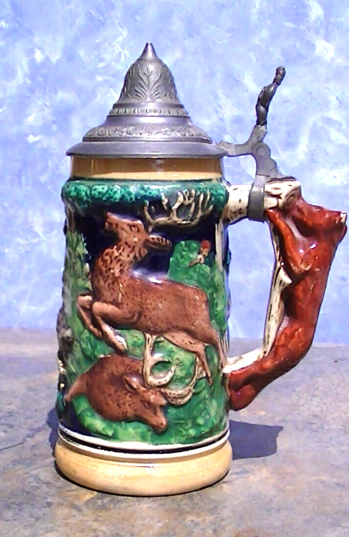 Vintage German Beer Stein Hunter\'s  With Fox Handle Stag & Boar No Makers mark