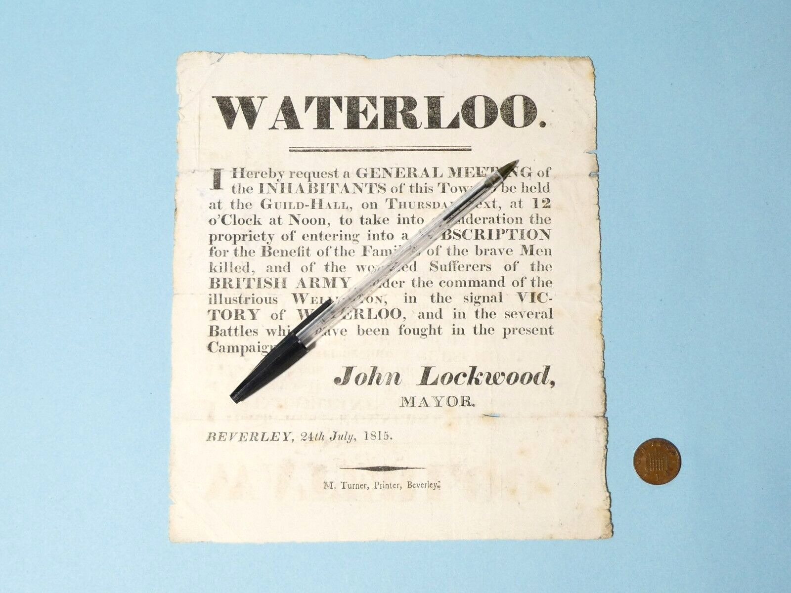 1815 Battle of WATERLOO Wellington Poster Donations Soldiers Mayor Beverley #HBW