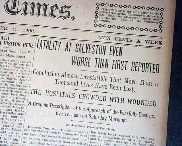 1900 GALVESTON Texas HURRICANE Storm Deadliest Natural Disaster 1900 Newspaper