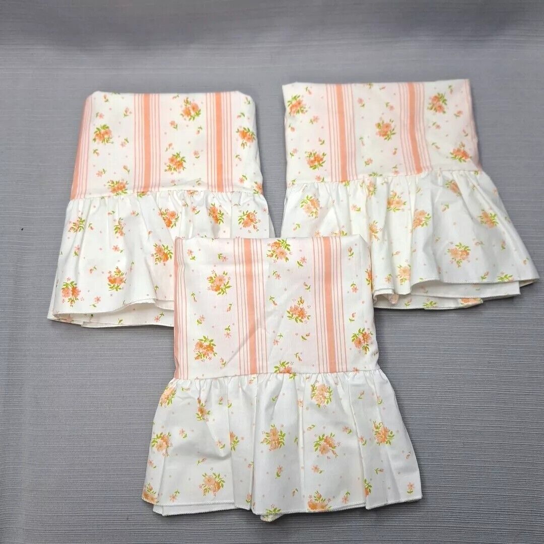 3 Vtg Springmaid Standard Pillowcase Peach Flowers Ruffle Edge Wondercale