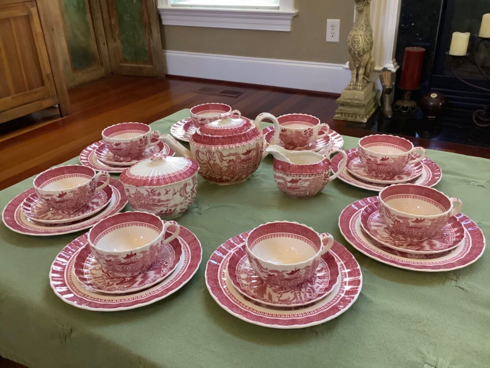 Antique Copeland Spode Mandarin Pink Red 27 Pc Tea Dessert Service for (8) EUC