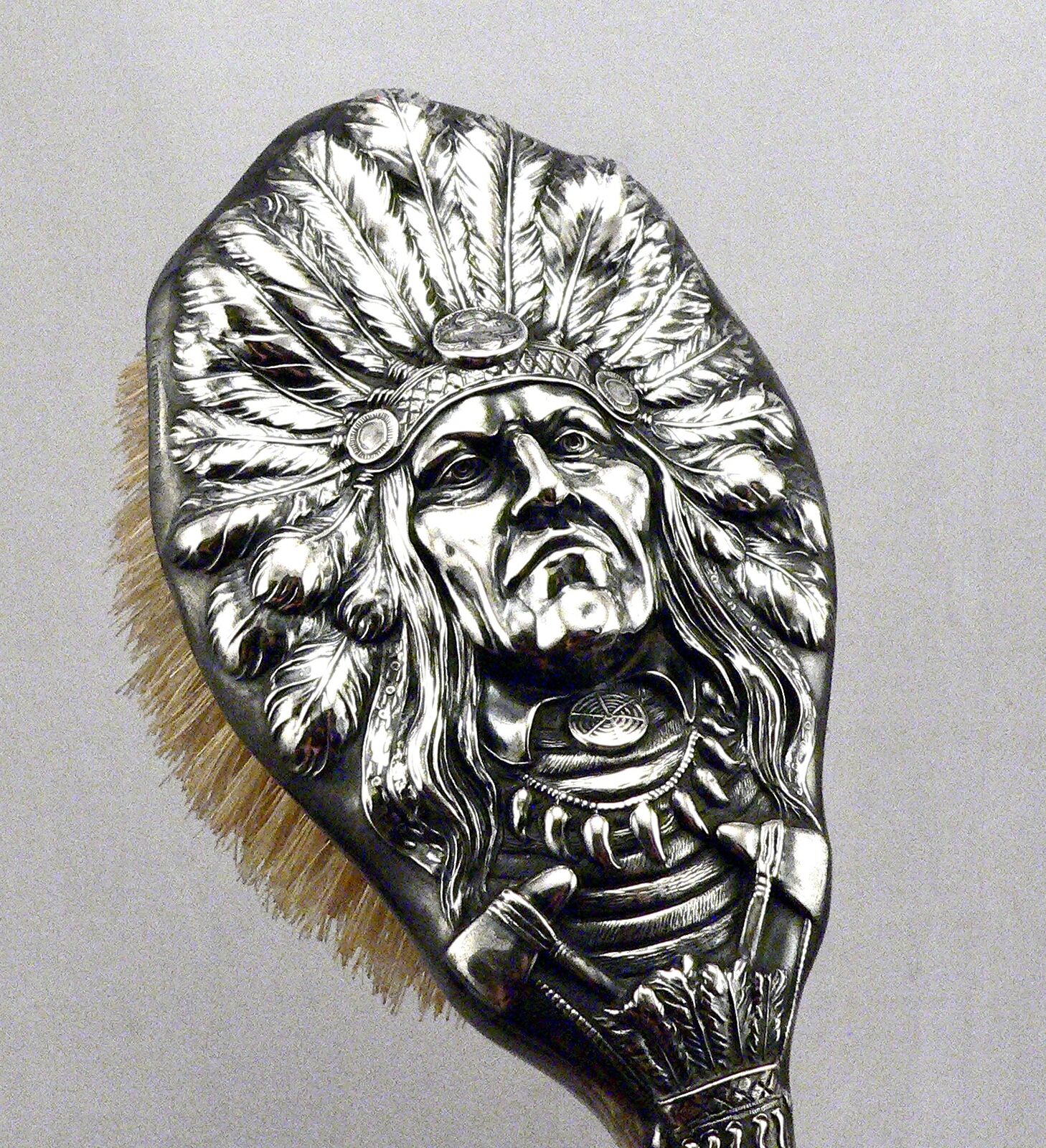 Antique c1900 UNGER BROTHERS STERLING Silver Indian Chief Hair Brush Unger Bros