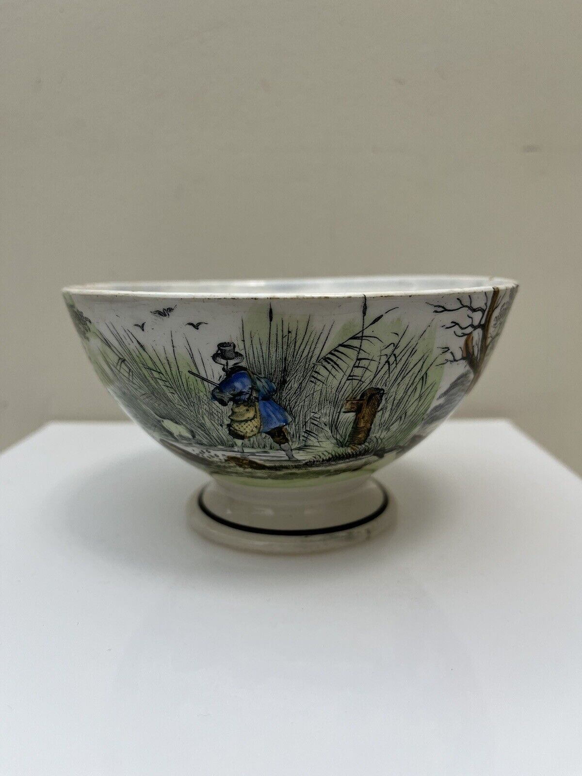 🔴Barluet & Cie Montereau Faience Bowl on Pedestal Hunting Polychrome Decoration