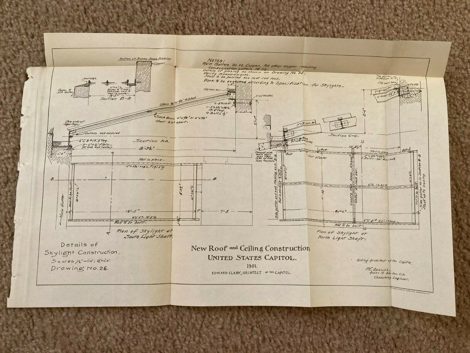 1901 U.S. Capitol Details Of Skylight Construction Drawing No. 26 Sketch Diagram