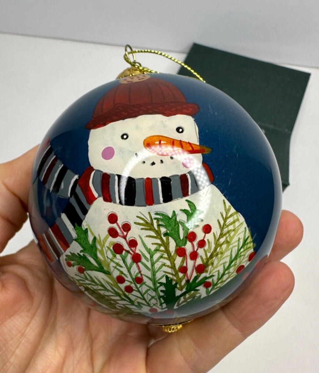 Pier 1 Glass Christmas Ornament Snowman 2019 Happy Holidays Hand Painted Blue