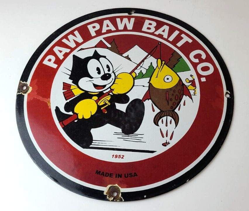Vintage Paw Paw Bait Fishing Sign - Felix Cat Sign - Pump Plate Gas Service Sign