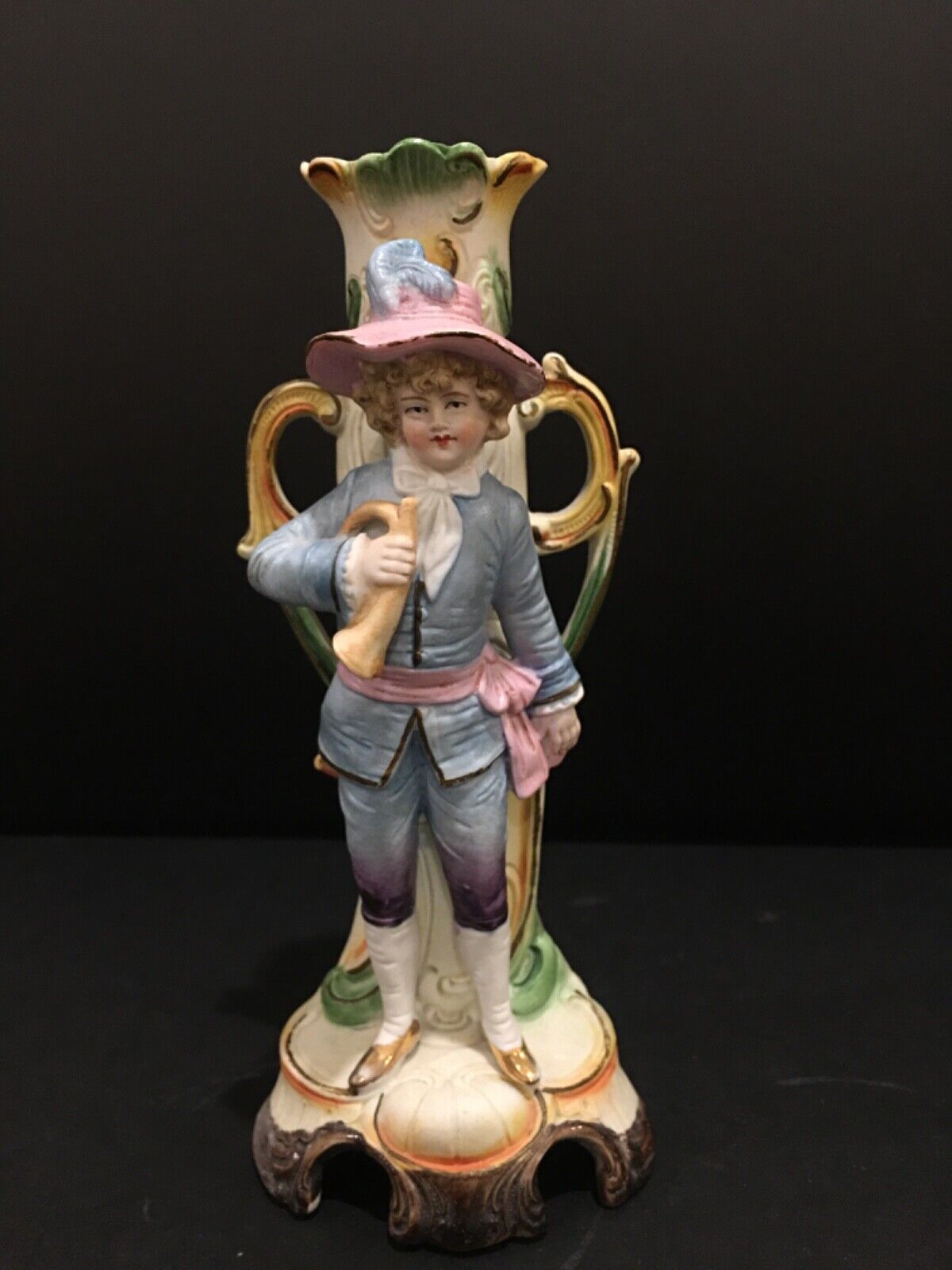 Vintage German DEP Porcelain Figurine Boy Bisque Gebruder Heubach Horn Bud Vase