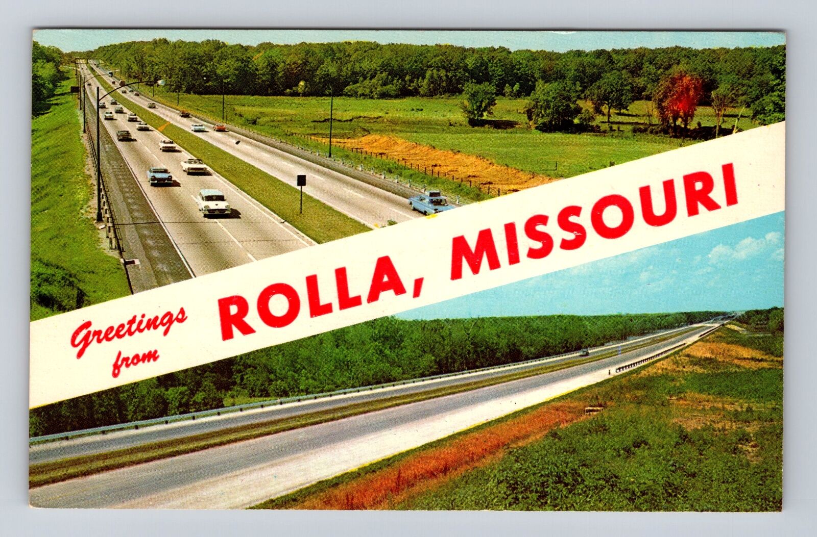 Rolla MO-Missouri, Banner Greetings, Highways, 1960's Cars, Vintage Postcard