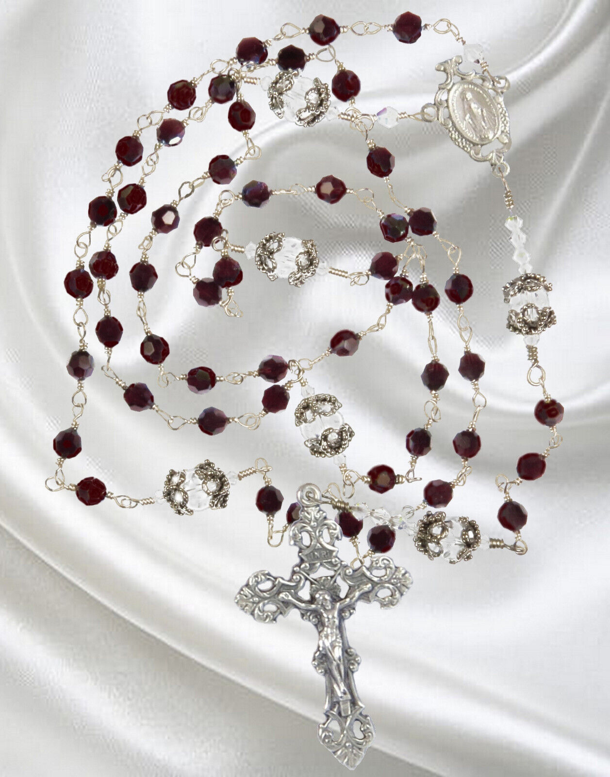 Catholic Unbreakable Rosary Handmade, Czech Crystal Garnet January Birthstone