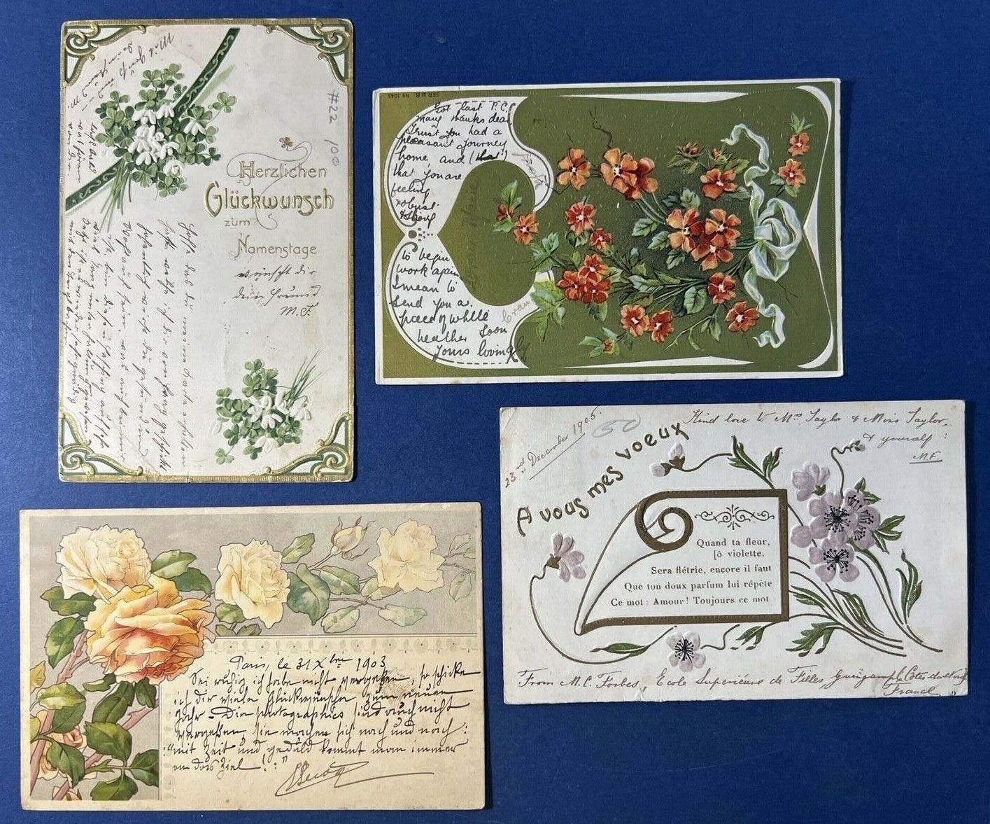 4 Greetings Antique Postcards. EMB, Gold Trim. 1903, 1905. Name Day, Flowers.   