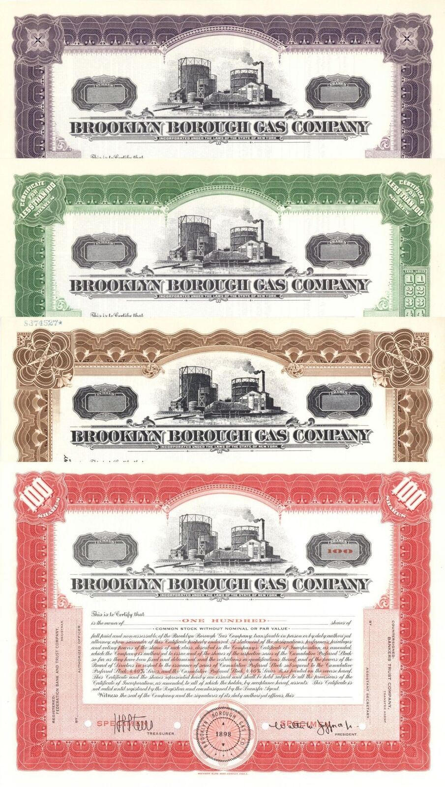 Brooklyn Borough Gas Co. - Set of 4 Colors - Specimen Stock Certificate - Specim