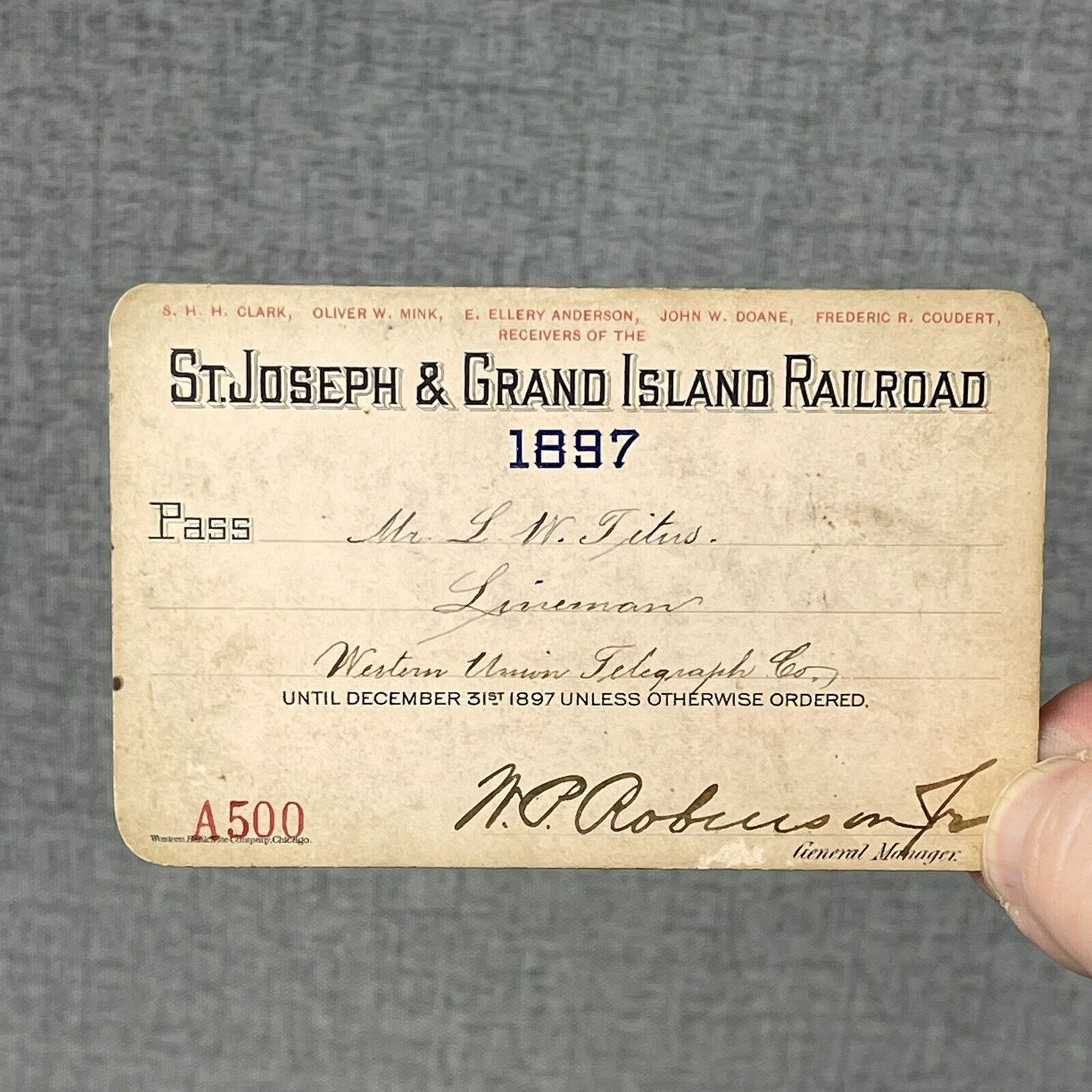 1897 St Joseph & Grand Island Railroad Pass Lineman Western Union Telegraph