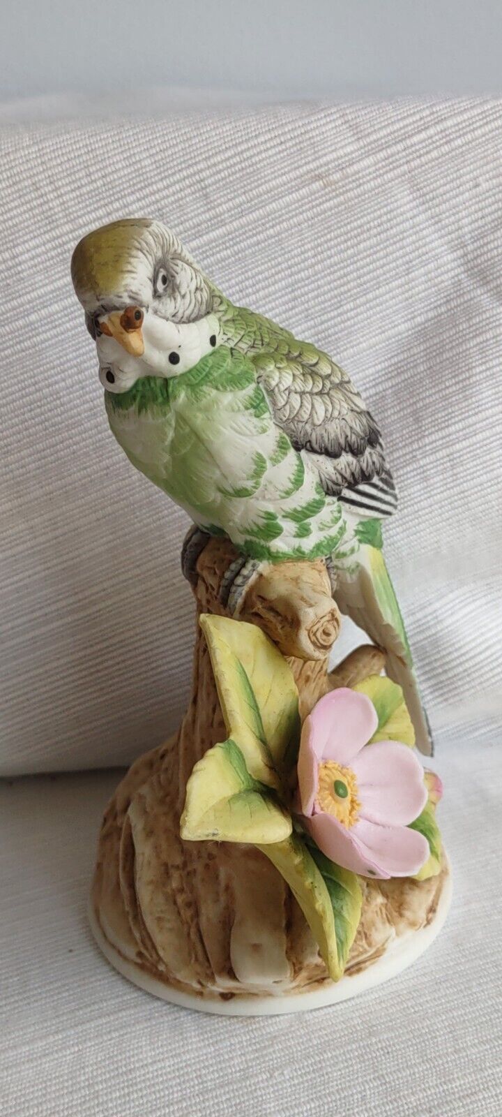 Green Parakeet Bird Figurine Berched On A Tree Branch
