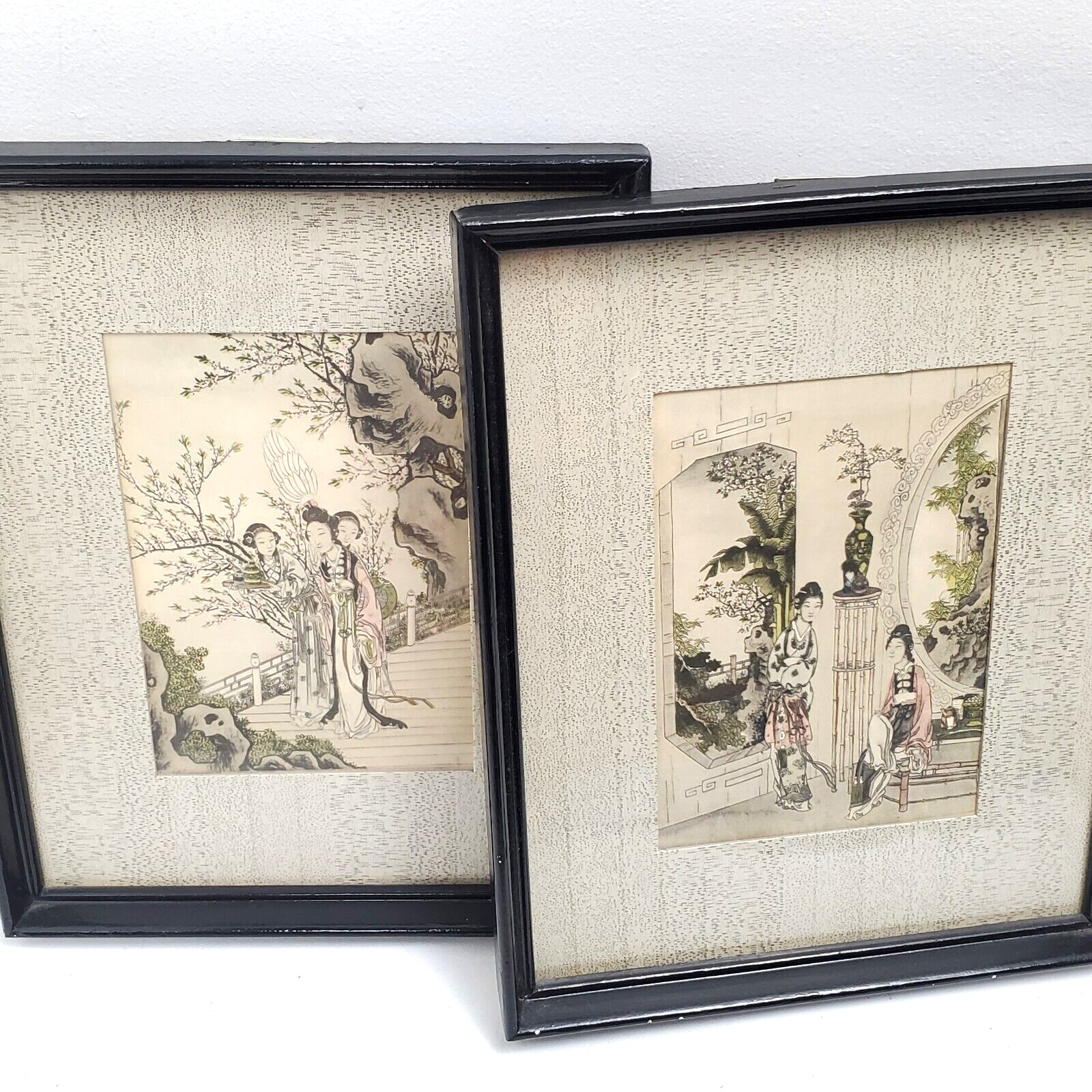Pair of 1930s Hand Colored Japanese Art Prints Vintage Vtg with Frames 1937 
