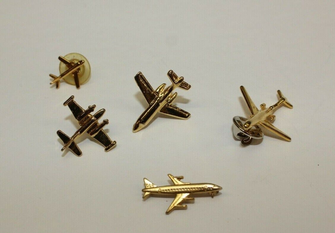 Lot Of 5 Gold Tone Airplane Jet Pilot Crew Lapel Pins