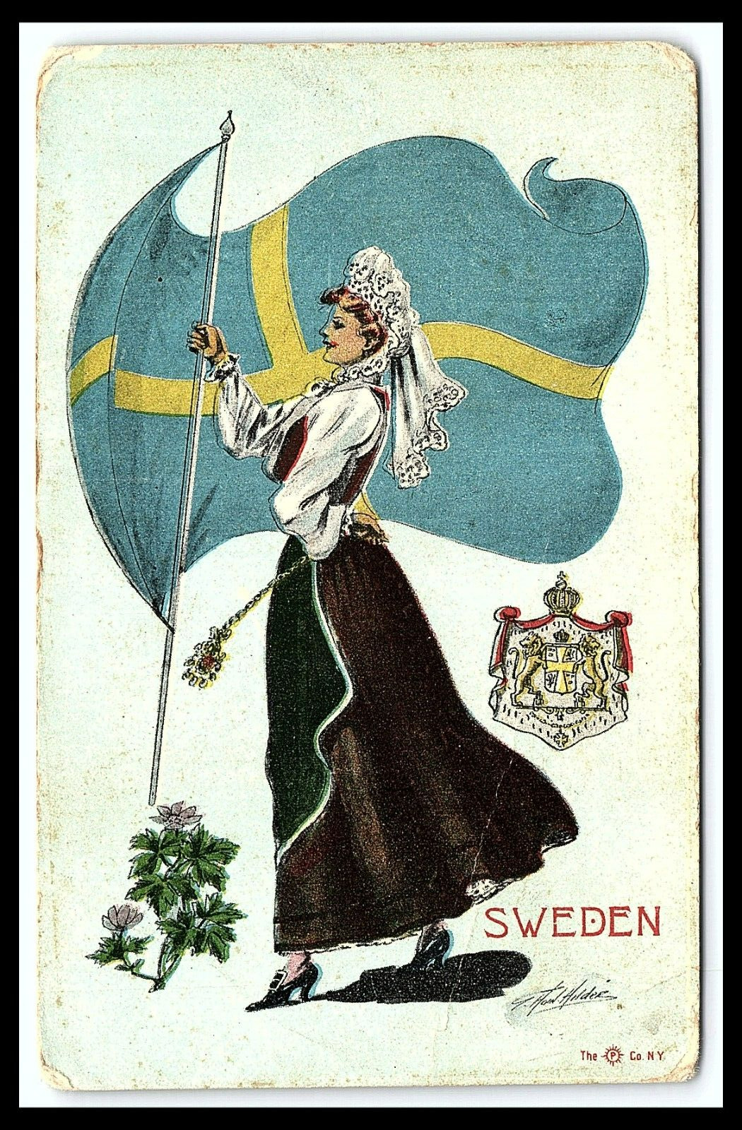 Sweden Greetings Comic Postcard Woman Carrying Flag Hilder      pc322