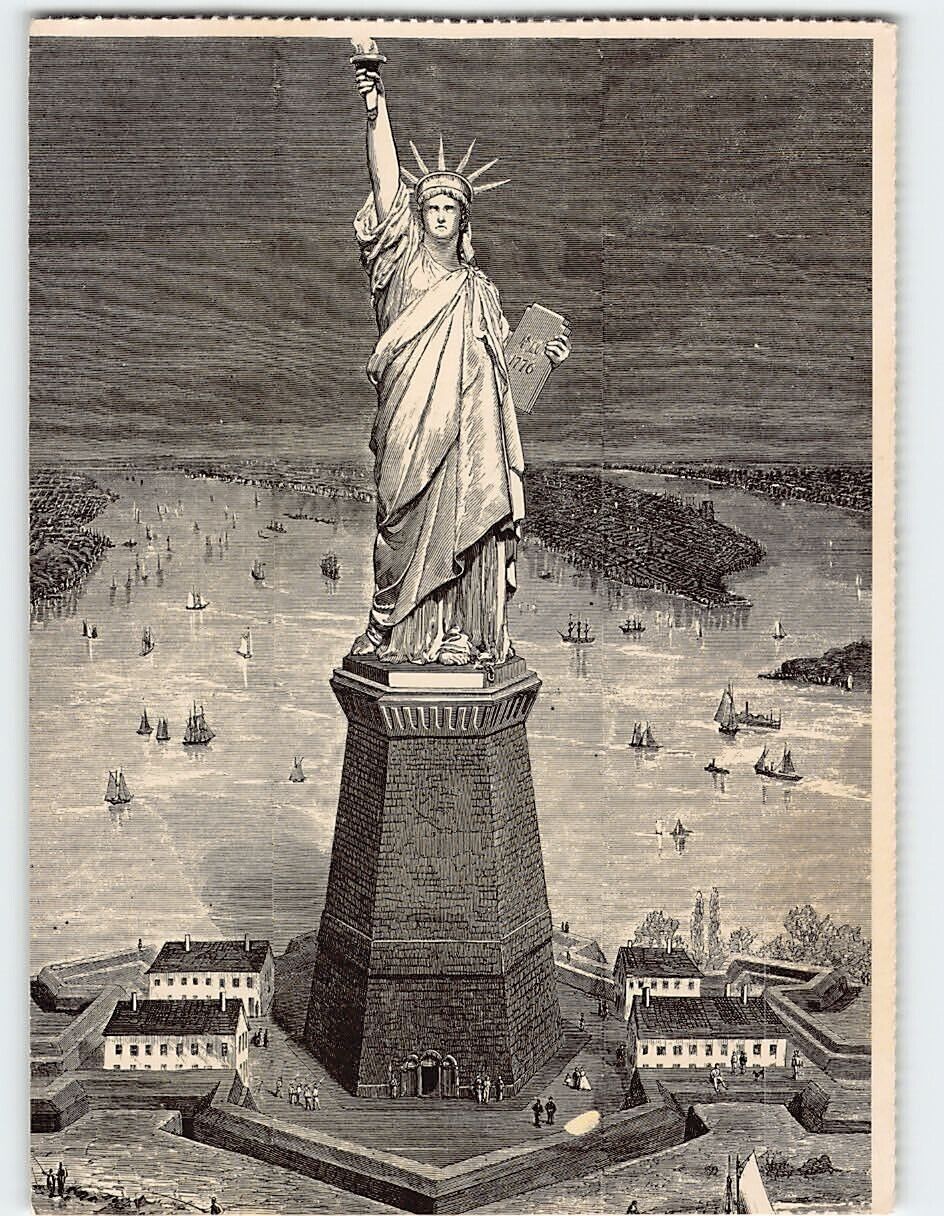 Postcard Harbor view of the Statue of Liberty with projected pedestal, New York
