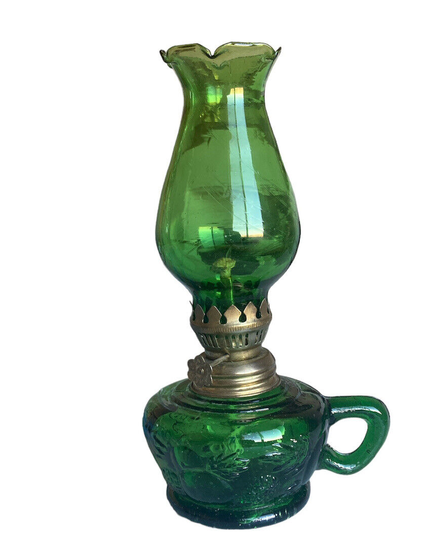 Vintage Enesco Green Glass Oil Lamp 8”