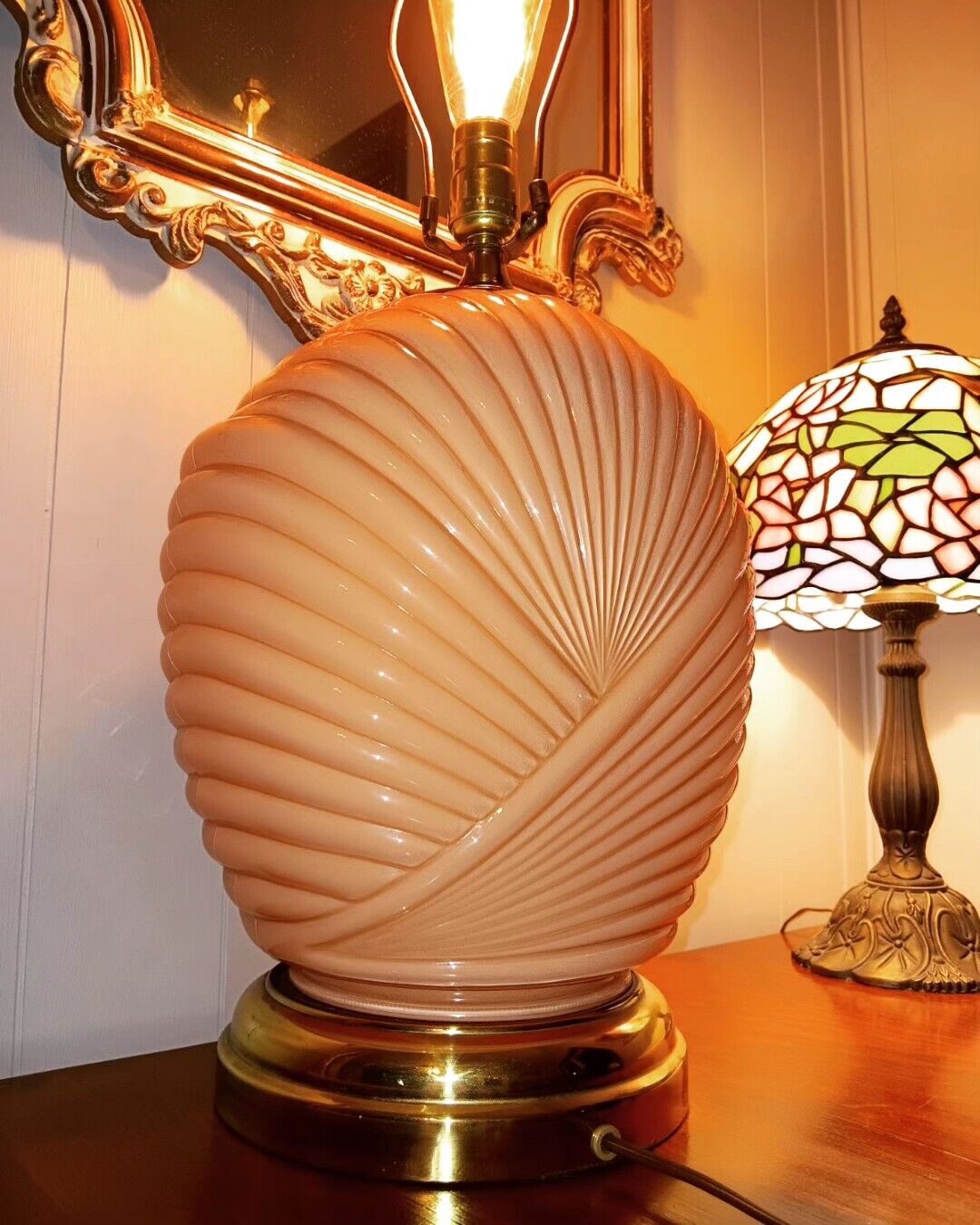 Vintage Art Deco Revival Post Modern Peach Coral Glass Cased Table Lamp 1980s