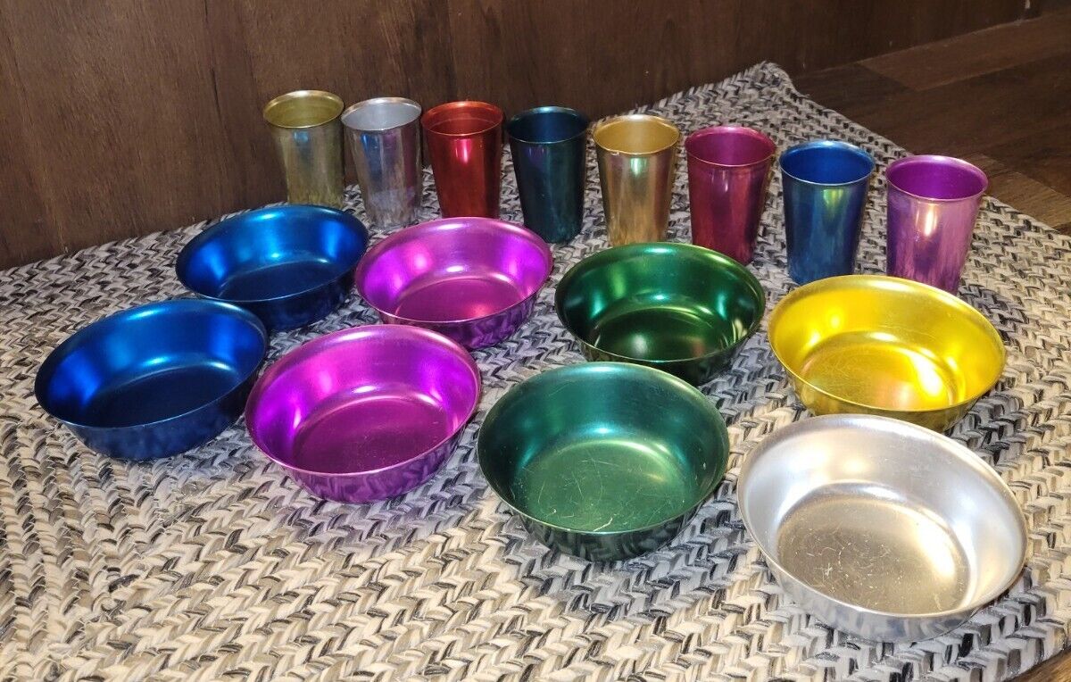 16 Vintage Jewel Color Aluminum Bowls & Tumblers (Sunburst)