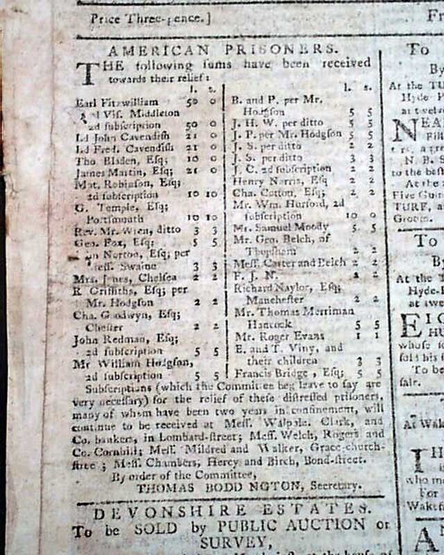 REVOLUTIONARY WAR ERA Original Enemy LONDON w/ American Prisoners 1779 Newspaper