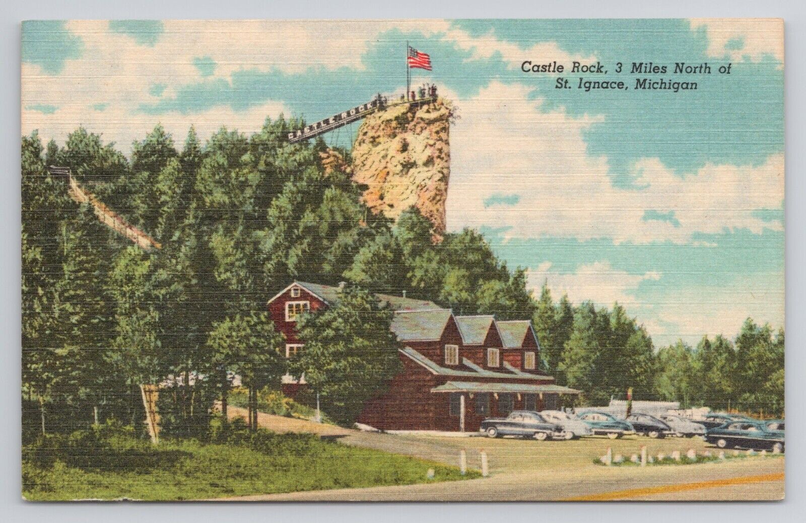 Castle Rock 3 Miles North of St Ignace Michigan Linen Postcard No 4778