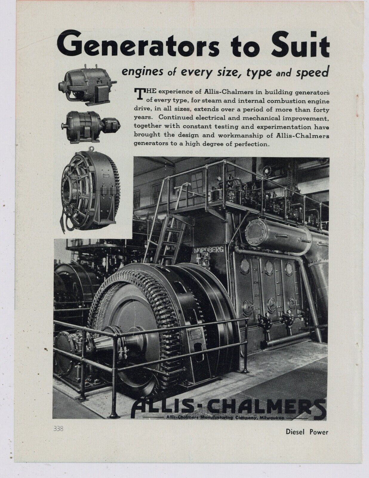 1935 Allis Chalmers Ad: Generator Mounted on Nordberg Diesel Engine
