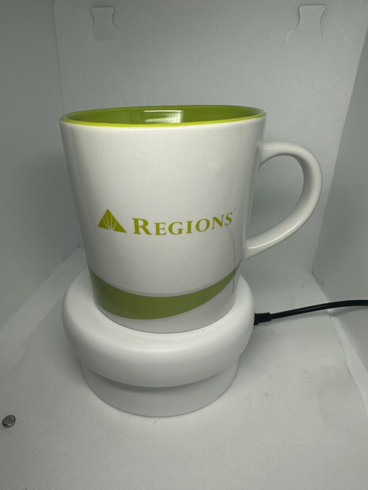 REGIONS BANK COFFEE MUG CUP TEA WHITE WITH GREEN INTERIOR.