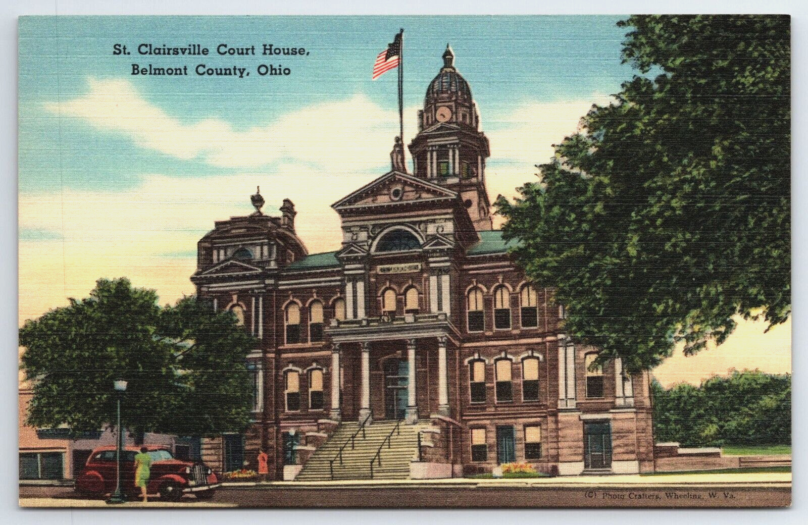 Vintage Postcard OH St. Clairsville Court House Belmont County Old Car -2970