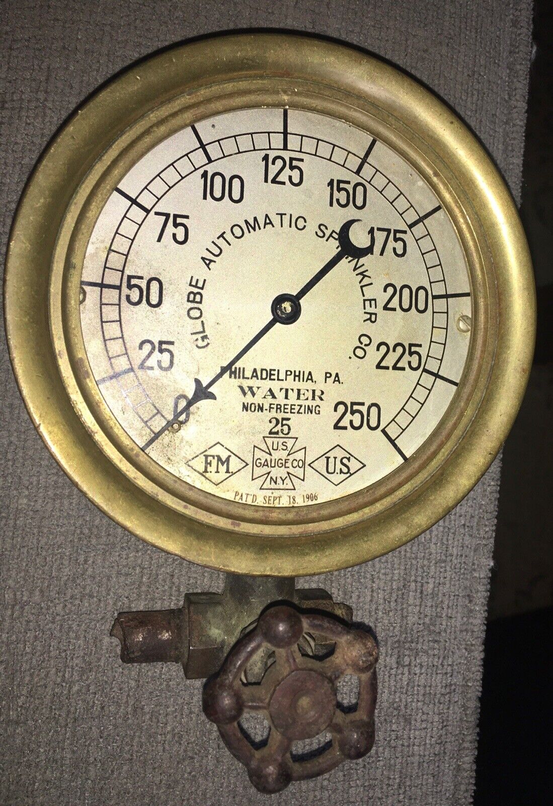 Antique 1906 Brass Pressure Gauge-Globe Automatic Sprinkler Company .￼U.S Gauge