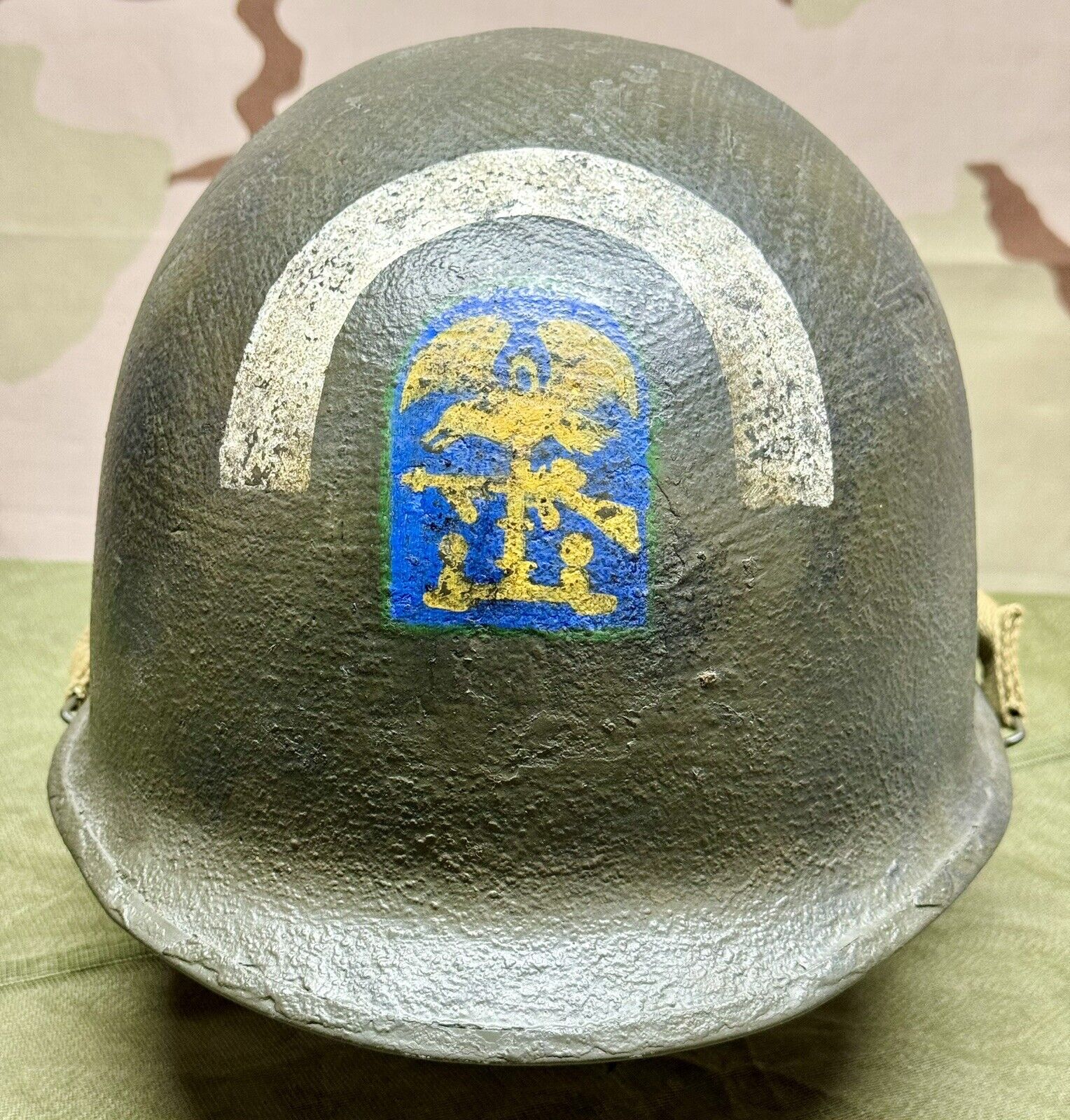 Late WWII Schlueter Army M1 Steel Helmet Swivel Rear Seam - 5th ESB Repro Paint
