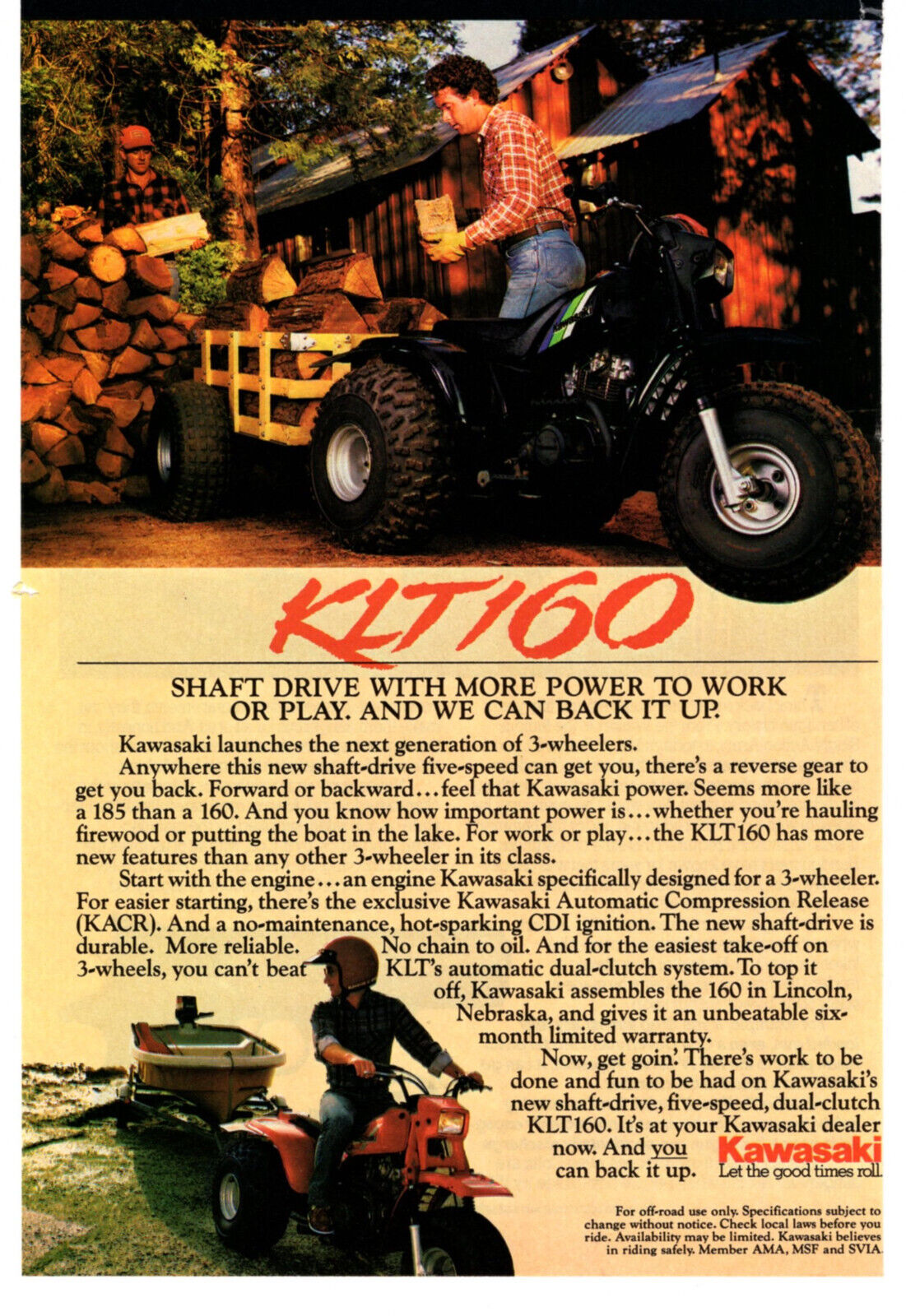 Kawasaki KLT160 3-Wheeler ATV 1984 Vintage Print Ad Original Man Cave Decor